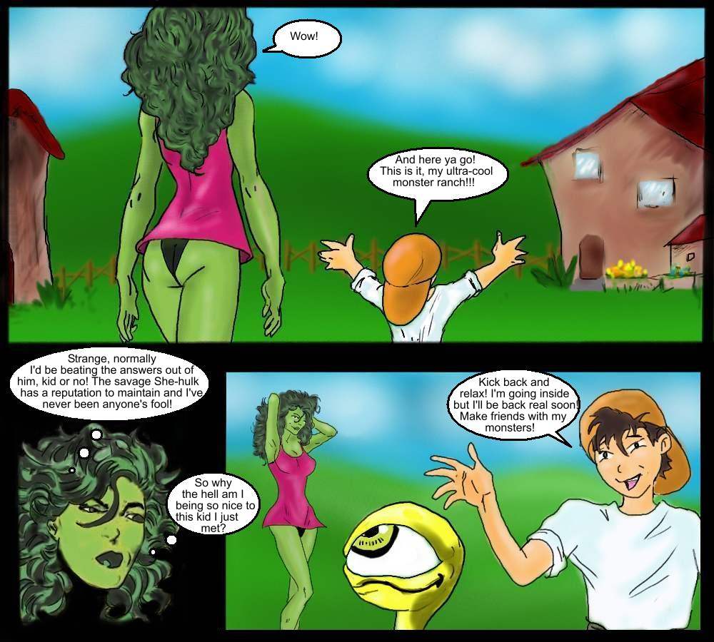 1boy 1girls avengers color comic crossover dialogue everfire female genki green_hair green_skin hulk_(series) male marvel marvel_comics monster_farm monster_rancher she-hulk speech_bubble tagme thought_bubble