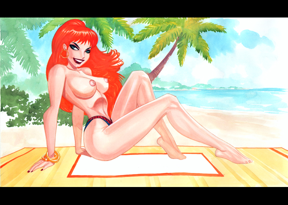 00s 1girls 2000s areolae barefoot beach bracelets breasts earrings female female_only green_eyes hoop_earrings human jewelry marvel marvel_comics mary_jane_watson nipples panties red_hair roy_cover solo spider-man_(series) straight_hair tagme toes towel