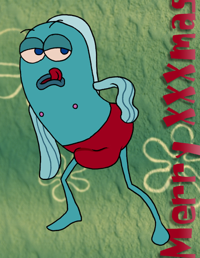 1boy anthro blue_eyes bulge bulge_through_clothing english_text erection erection_under_clothes fish hand_on_hip incidental_41 licking_lips male male_only nickelodeon nipples smooth_skin solo solo_male spongebob_squarepants topless