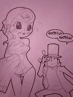 artist_request camera female flora_reinhold hershel_layton level-5 male monochrome pervert professor_layton tagme undressing