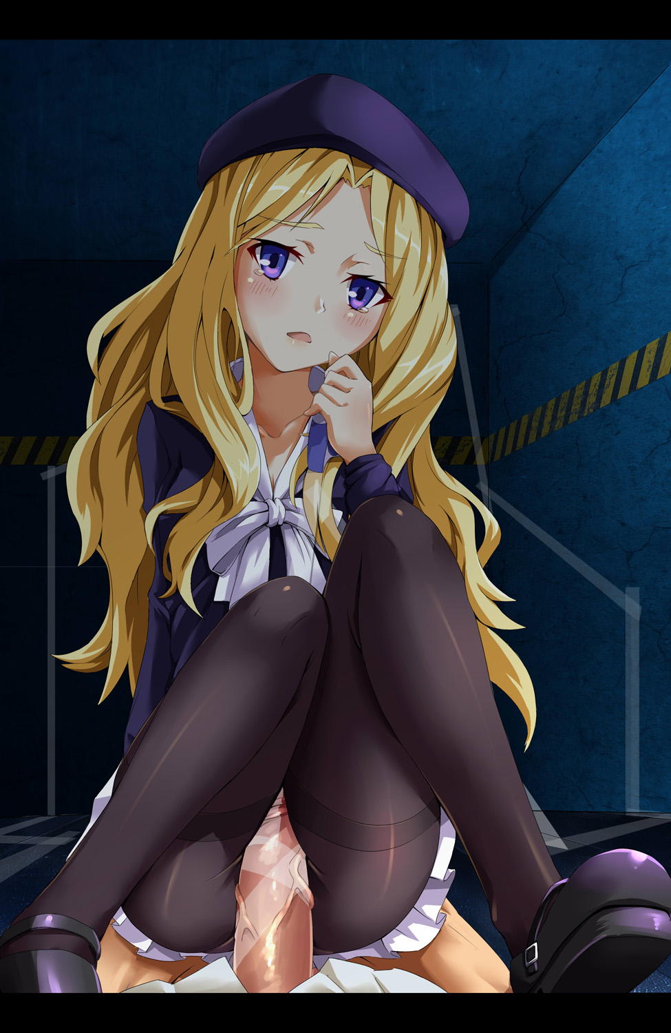 black_legwear blonde_hair censored collarbone female frenda_seivelun hat highres long_hair mary_janes outercourse panties panties_under_pantyhose pantyhose pointless_censoring purple_eyes shoes sirills skirt tear thigh_sex thighband_pantyhose to_aru_kagaku_no_railgun to_aru_majutsu_no_index underwear