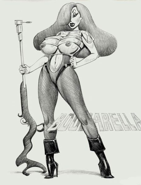 areola barbarella barbarella_(comic) barbarella_(cosplay) big_breasts cosplay disney female female_only gun hair_over_one_eye holding_gun human jessica_rabbit julius_zimmerman long_hair monochrome nipples rifle solo text who_framed_roger_rabbit