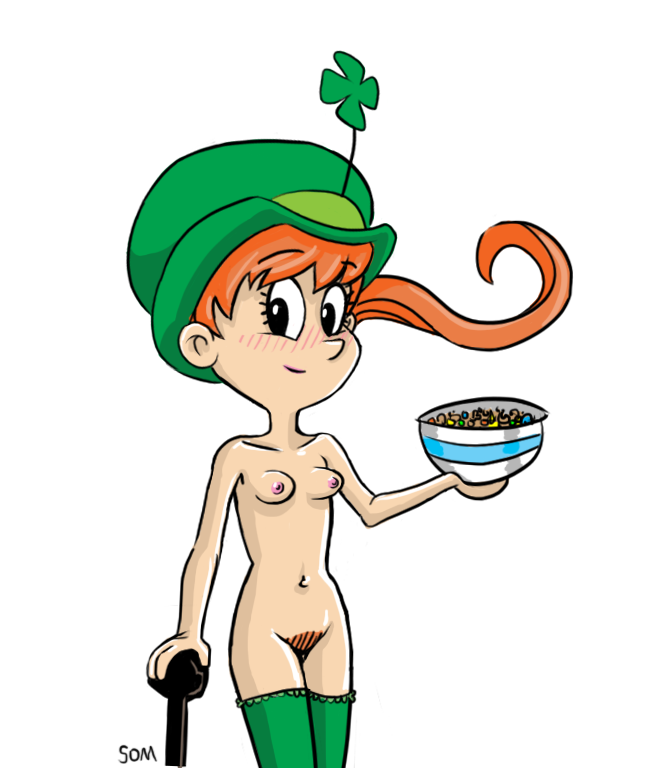 beige_skin black_eyes blush bowl breasts cereal clothing color european_mythology female female_only food footwear front_view hair hat headgear holding irish_mythology leprechaun looking_at_viewer lucky_(lucky_charms) lucky_charms mascot mostly_nude mythology nipples open_eyes orange_hair pubic_hair public_domain round_ears rule_63 solo som standing white_background