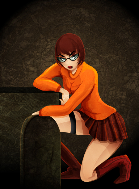 1girls artist_request bob_cut brown_hair clothed glasses hanna-barbera headstone knee_boots kneeling lowres raised_eyebrow red_lipstick scooby-doo short_hair velma_dinkley