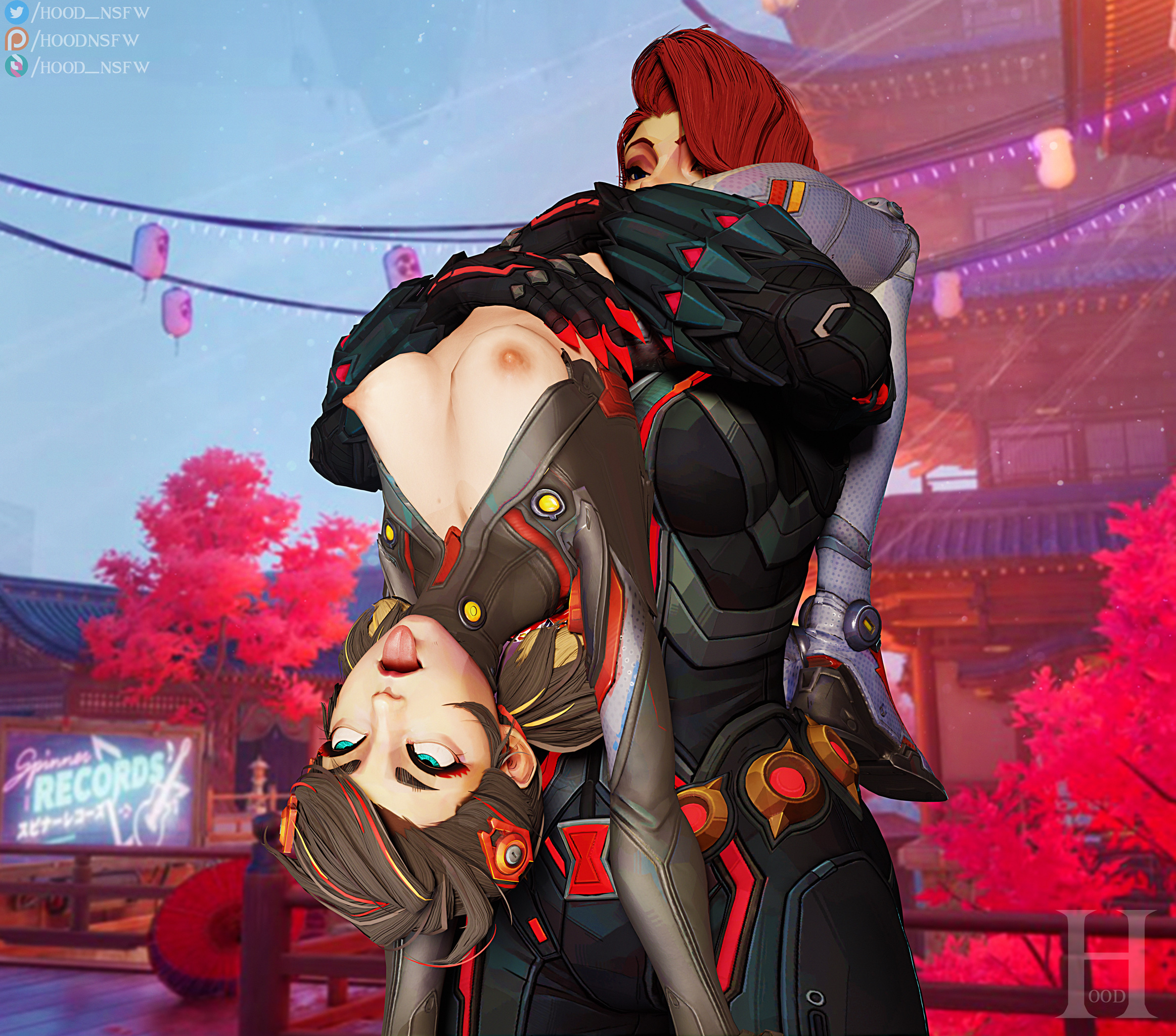 2girls, 3d, age difference, black hair, black widow (marvel rivals), black widow (marvel), breasts, cunnilingus, female, female only, hood nsfw, marvel, marvel comics, marvel rivals, nipples, older female, oral, peni parker, peni parker (marvel rivals), red hair, younger female, yuri