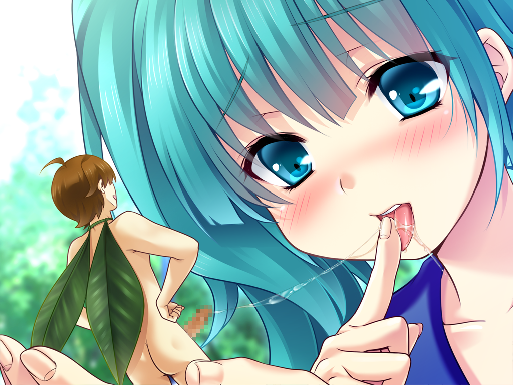 1boy ahoge akagi_rio ass blue_eyes blue_hair blush brown_hair censored cum cumdrip erection face finger_to_mouth game_cg in_palm leaf maikuro_mitsuru miniboy nude oh!!_micro-man shizuhara_yumika tongue tongue_out