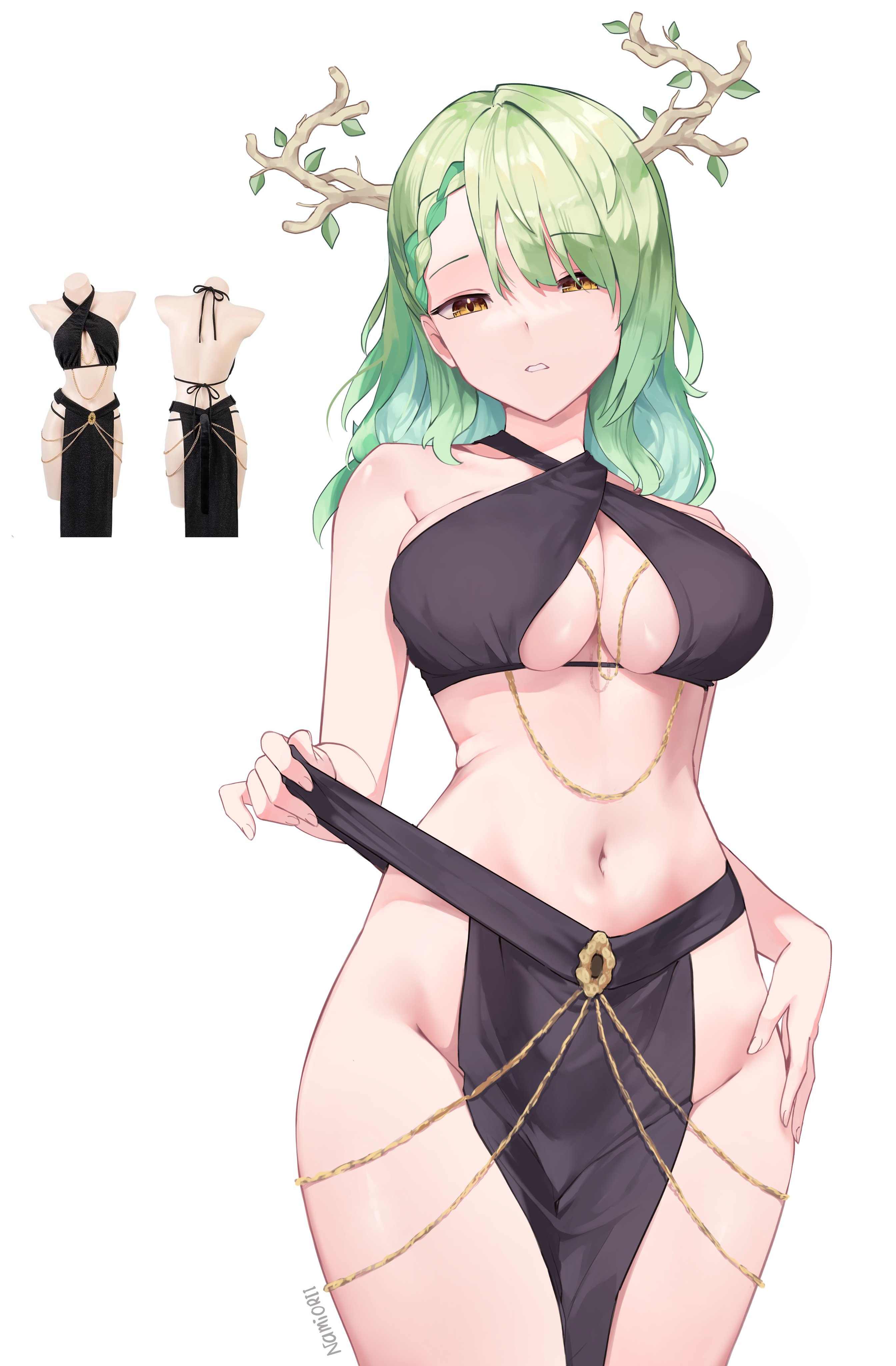 1girls, 2d, artist name, bare shoulders, big breasts, black dress, braid, braided hair, breasts, ceres fauna, dress, eyebrows visible through hair, female, female only, green hair, hololive, hololive english, hololive english -council-, hololive english -promise-, horns, inner sideboob, large breasts, long hair, namiorii, navel, simple background, solo, standing, thighs, virtual youtuber, vtuber, yellow eyes