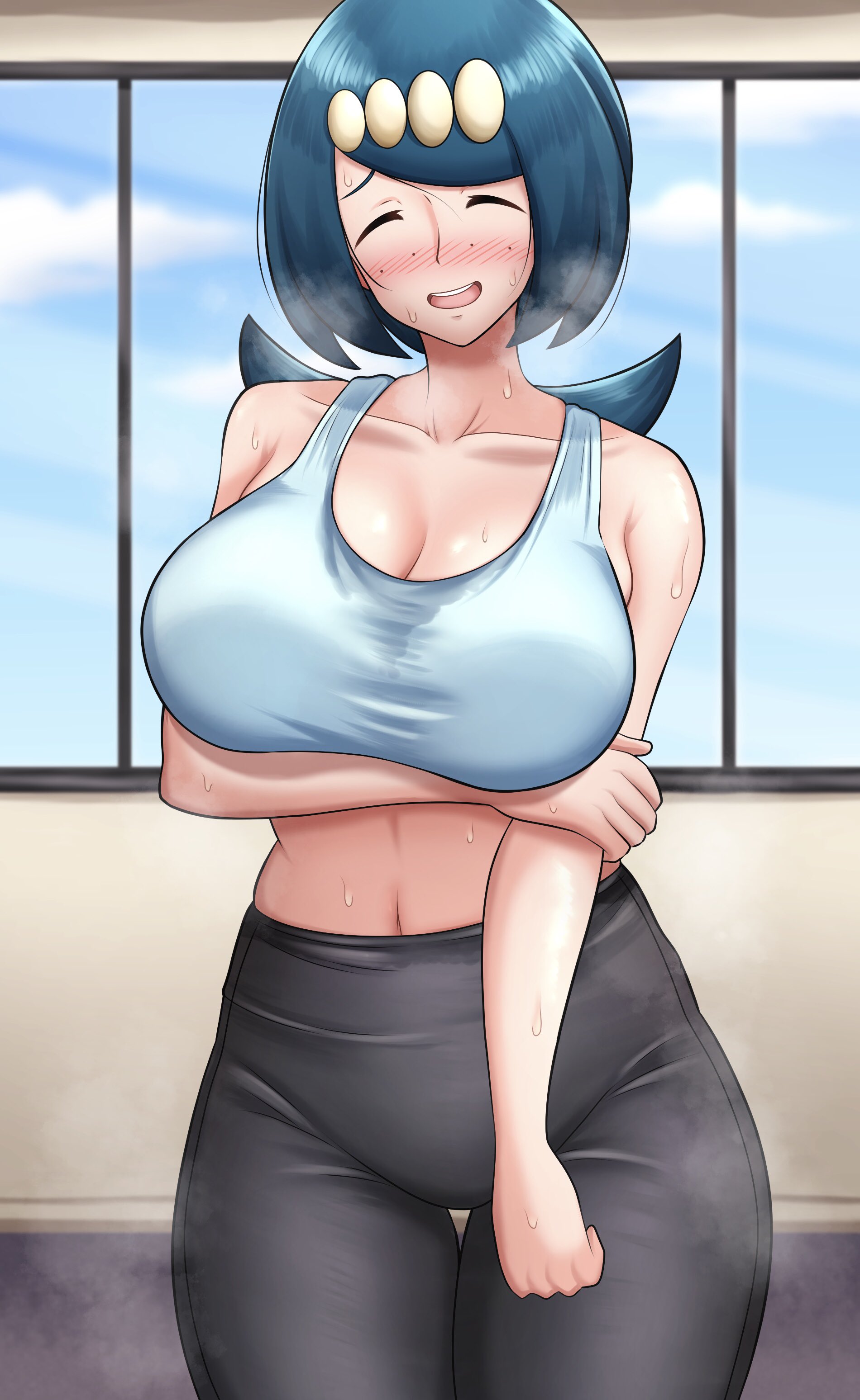 arm under breasts, big breasts, blue hair, blush, breasts, closed eyes, embarrassed female, female, freckles on face, gym clothes, lana's mother (pokemon), mature female, midriff, milf, pokemon, pokemon sm, slim waist, smiling at viewer, sportswear, steaming body, sweating, sweating profusely, sweaty, thick thighs, wide hips, yoga pants