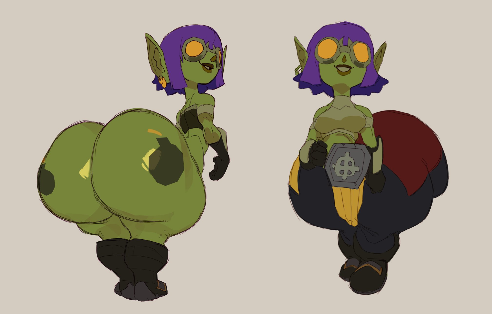 ass, female, goblin, goblin female, goggles, hyper ass, purple hair, smiling, undergroundj