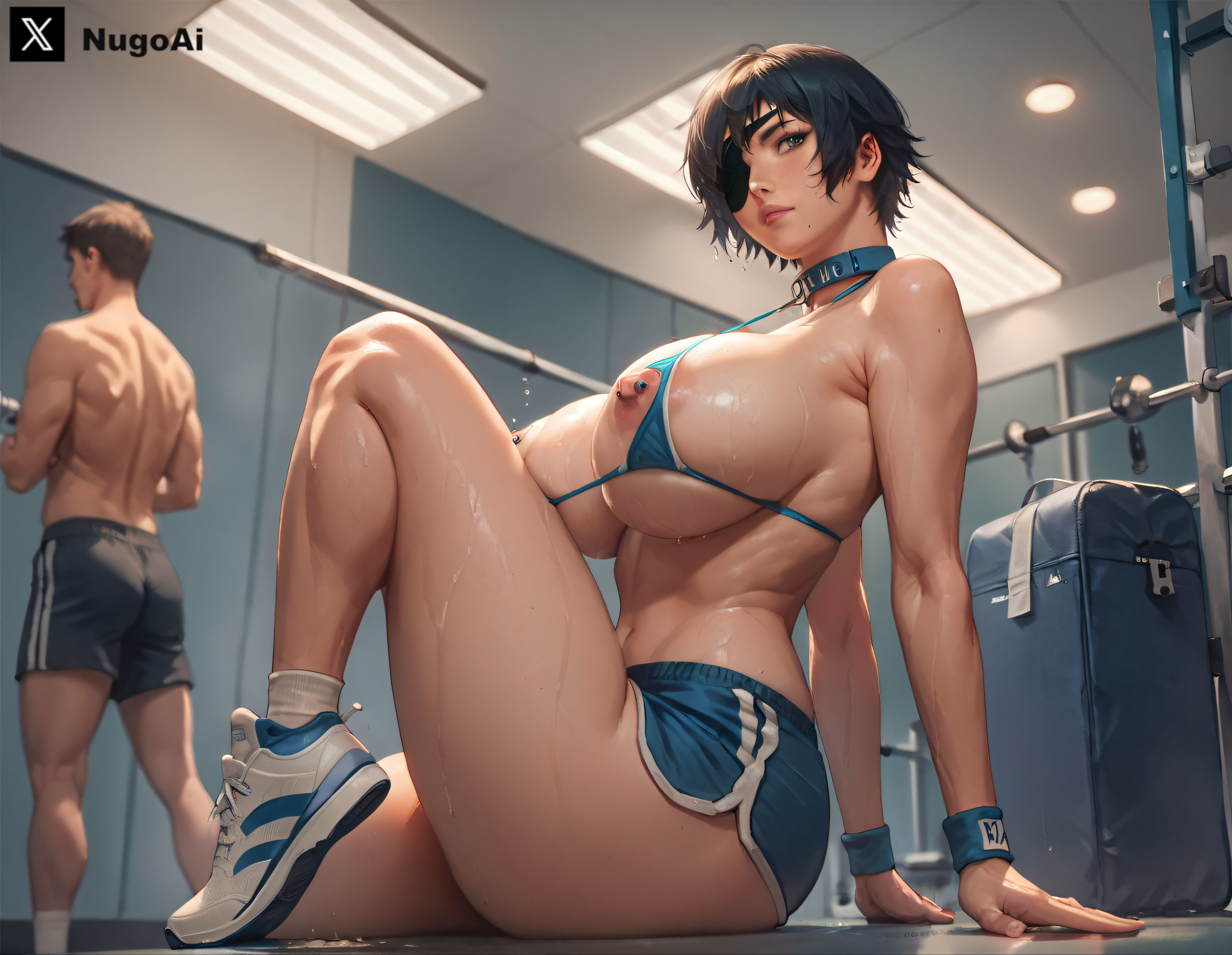 1girls, ai generated, ass, big ass, big breasts, breasts, breasts bigger than head, chainsaw man, eyepatch, female, green eyes, gym, gym uniform, himeno (chainsaw man), nipples, nugoai