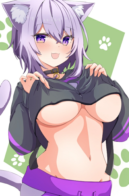 animal_ear_fluff animal_ears belt_collar black_collar black_hoodie blush breasts cat_ears cat_girl cat_tail clothes_lift collar female hololive hood hoodie hoodie_lift large_breasts lifting_own_clothes looking_at_viewer navel nekomata_okayu nekomata_okayu_(1st_costume) onigiri_print open_mouth pants purple_eyes purple_hair shachikunoosamu smile solo syatikunoosamu tail underboob virtual_youtuber white_pants