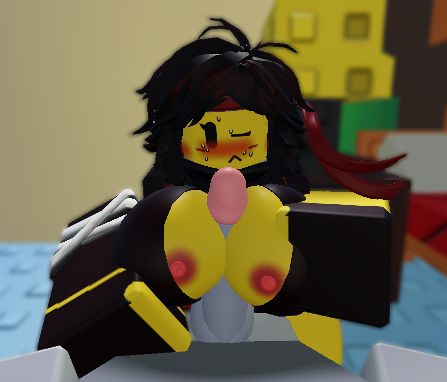 1girls 3d blush boobjob dark_red_hair grey_body one_eye_closed open_clothes open_jacket paizuri roblox roblox_game robloxian sai_battler_(the_battle_bricks) self_upload the_battle_bricks tumore wompwompsad yellow_body