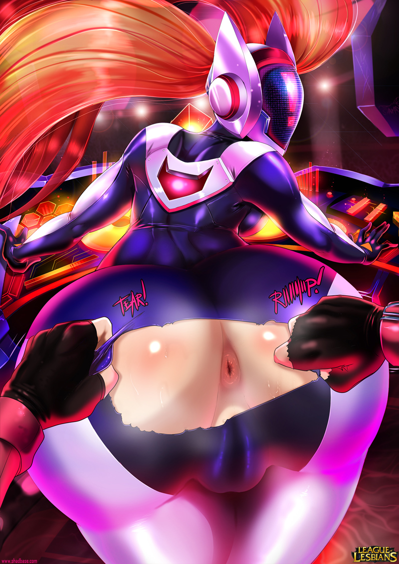 ass bent_over bodysuit cameltoe dat_ass dj_sona dj_sona_concussive exposed_anus from_behind huge_ass jinx_(league_of_legends) league_of_legends looking_back shadman skin_tight sona_buvelle tear torn_bodysuit torn_clothes