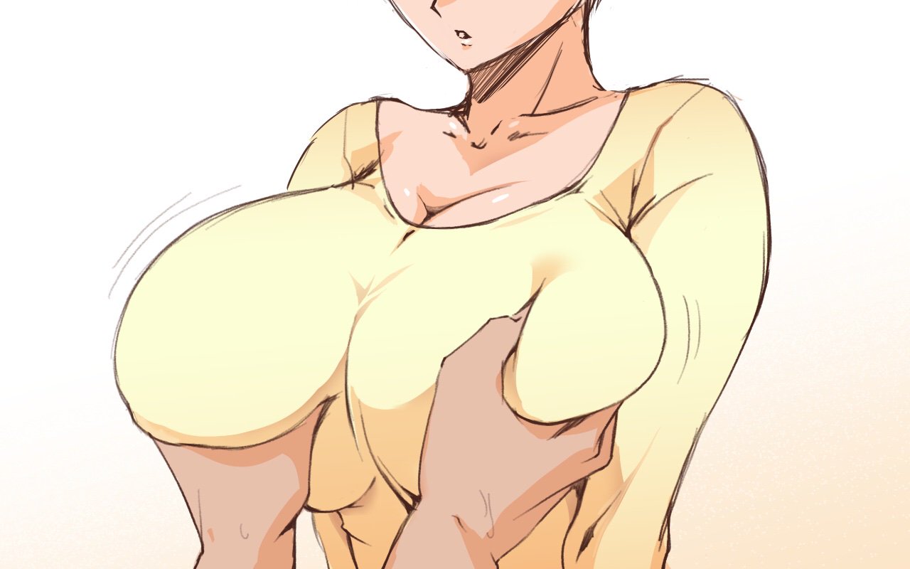 1boy 1girls 2019 breast_focus breast_fondling breast_grab breast_squeeze breasts cleavage clothed clothing female female_focus highres huge_breasts male open_mouth original partial_male sakura_na_omiki shirt simple_background sweat white_background yellow_shirt