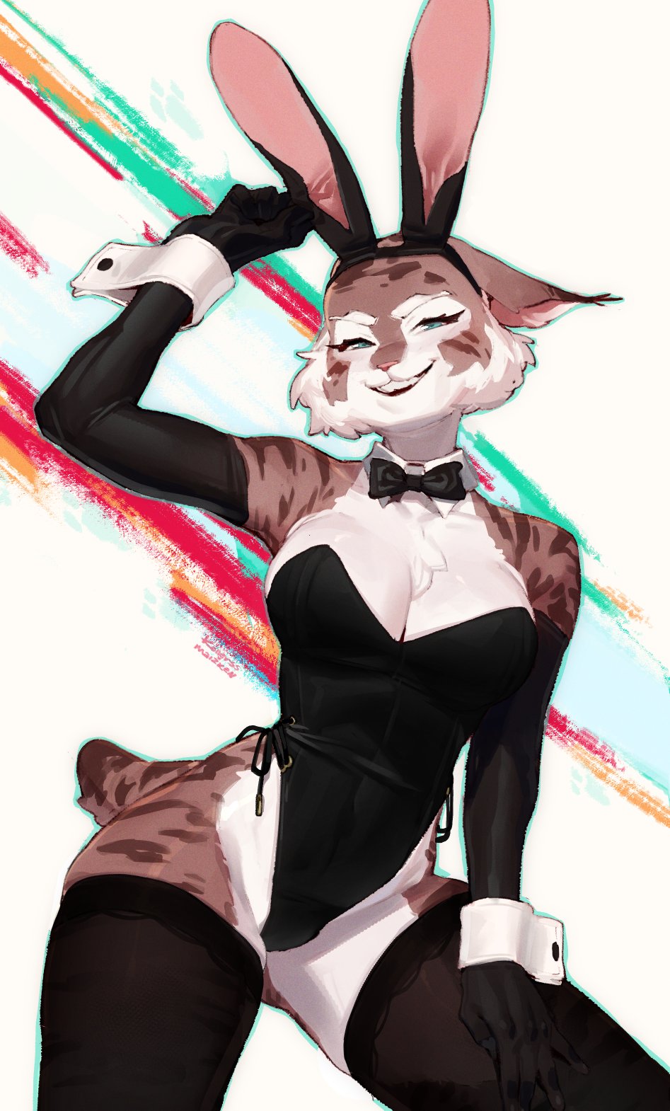 1girls 2023 anthro armwear bow_(feature) bow_in_front bow_tie bunny_costume bunny_ears bunnysuit clothing costume fake_ears fake_rabbit_ears felid feline female female_only fur furry hi_res kollerss looking_at_viewer lynx maiz-ken mammal narrowed_eyes smiling smiling_at_viewer solo stockings striped_fur thick_thighs wrist_cuffs zeha