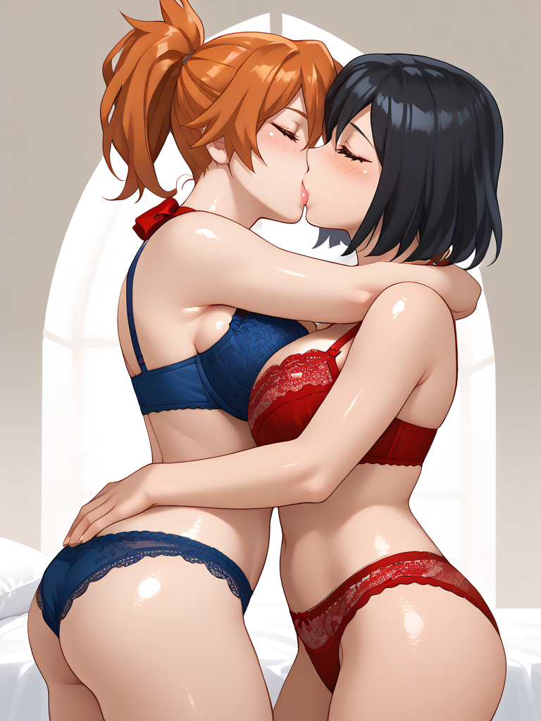 2girls ai_generated ass big_ass big_breasts black_hair blue_bra blue_panties blue_underwear breasts couple hugging isogil itsuka_kendou kissing kissing my_hero_academia orange_hair red_bra red_panties red_underwear yui_kodai yuri