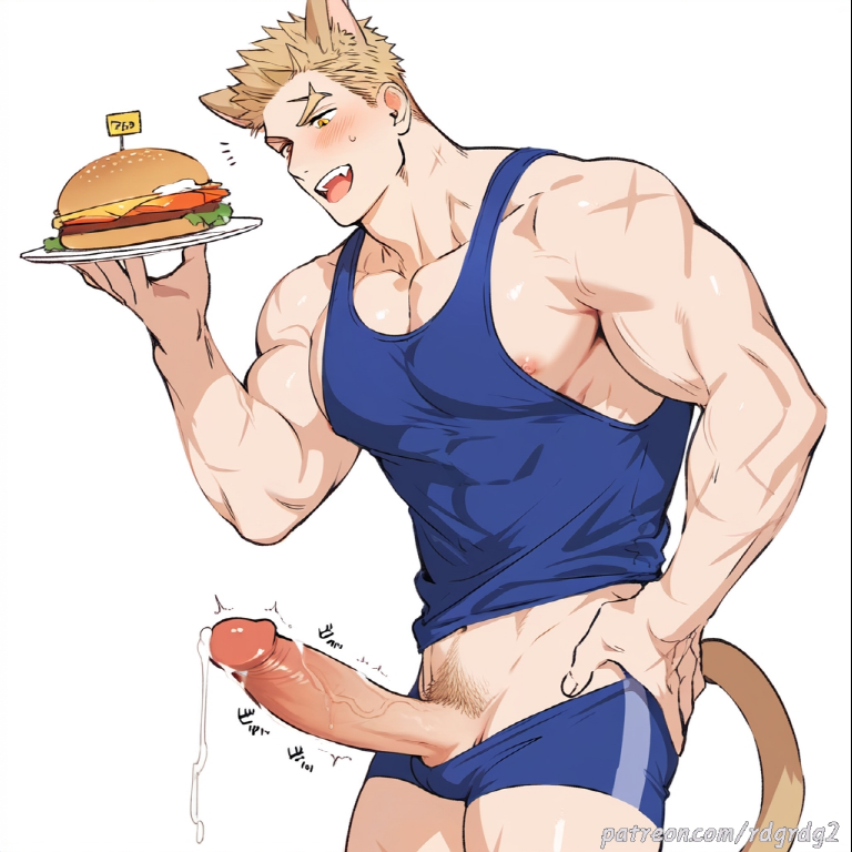 ai_generated balls bara big_balls big_penis blonde_hair blush clothing cum erection male male_only muscular_male penis rdgrdg