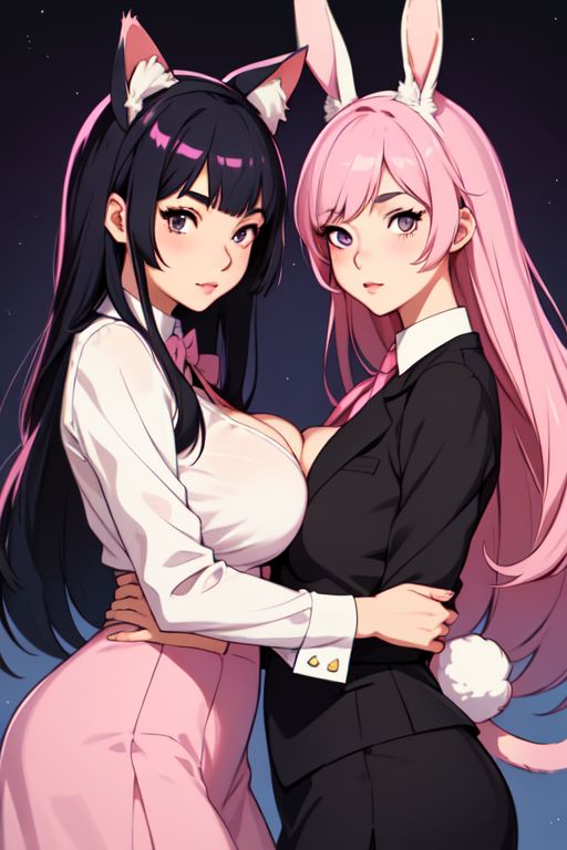 ai_generated black_eyes black_hair blazer bunny_ears bunny_girl cat_ears cat_tail catgirl collared_shirt formal formal_clothes formal_wear long_hair makeup messy_hair original_character original_characters overbook pink_ribbon pink_skirt sakura_mio shirt_cuffs skirt suzume_yoru whxsperrai yuri