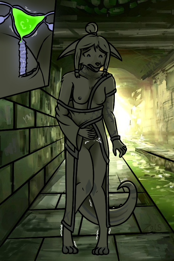 anthro breasts cervical_penetration clothing detailed_background dungeon female fur gloves green_slime handwear mika_moro penetration shaking shivering slime solo tattoo vaginal_penetration white_body white_fur x-ray zalivkustsyganili