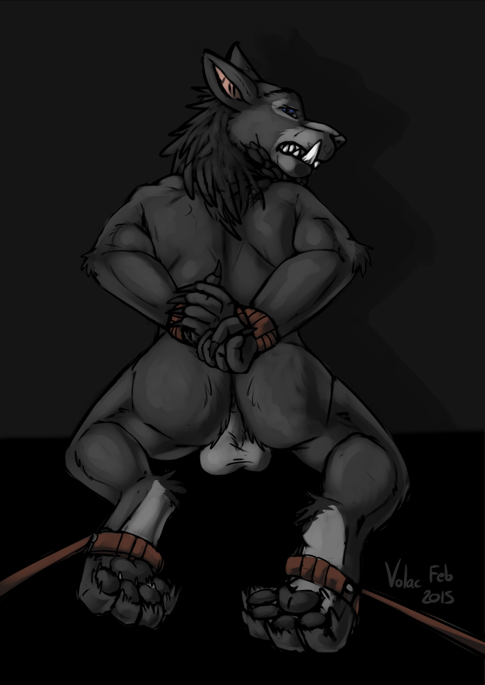 anthro_only balls bondage bound canine looking_at_viewer looking_back male male_only mammal no_humans solo tagme video_games volac warcraft were werewolf worgen