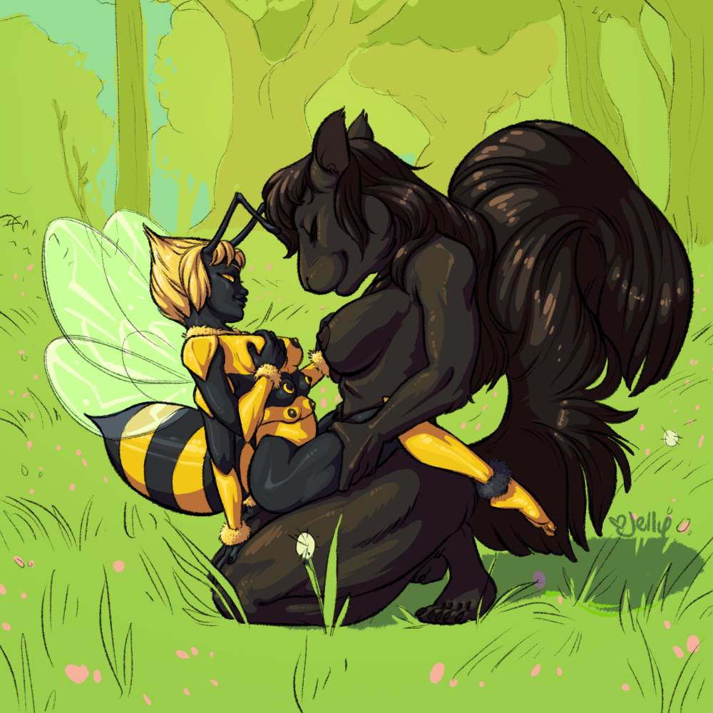 anthro antlers areola arthropod bee black_fur black_hair breasts female fur hair horn insects jellybats mammal multi_breast nipples nude rodent squirrel wings yuri