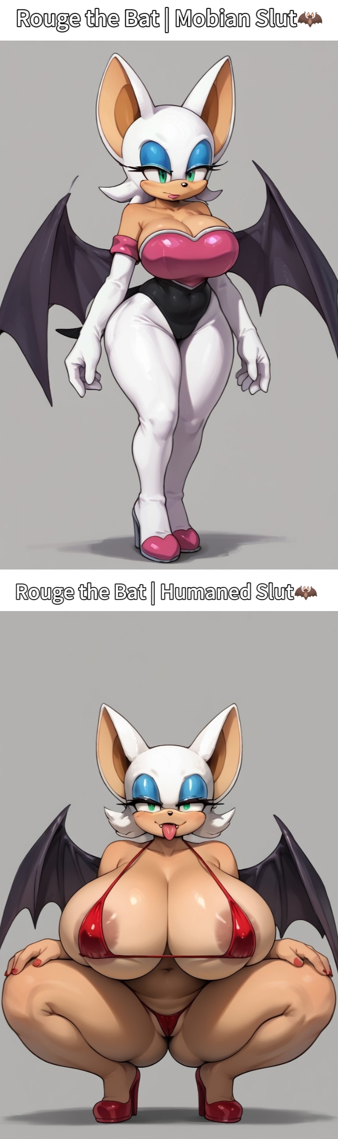 ai generated, before and after, caption, dialogue, female, furry, furry ears, furry female, furry tail, high heel boots, high heels, human is better, humaned, mobian, mobian (species), mobian bat, rouge the bat, sonic (series), sonic the hedgehog (series)