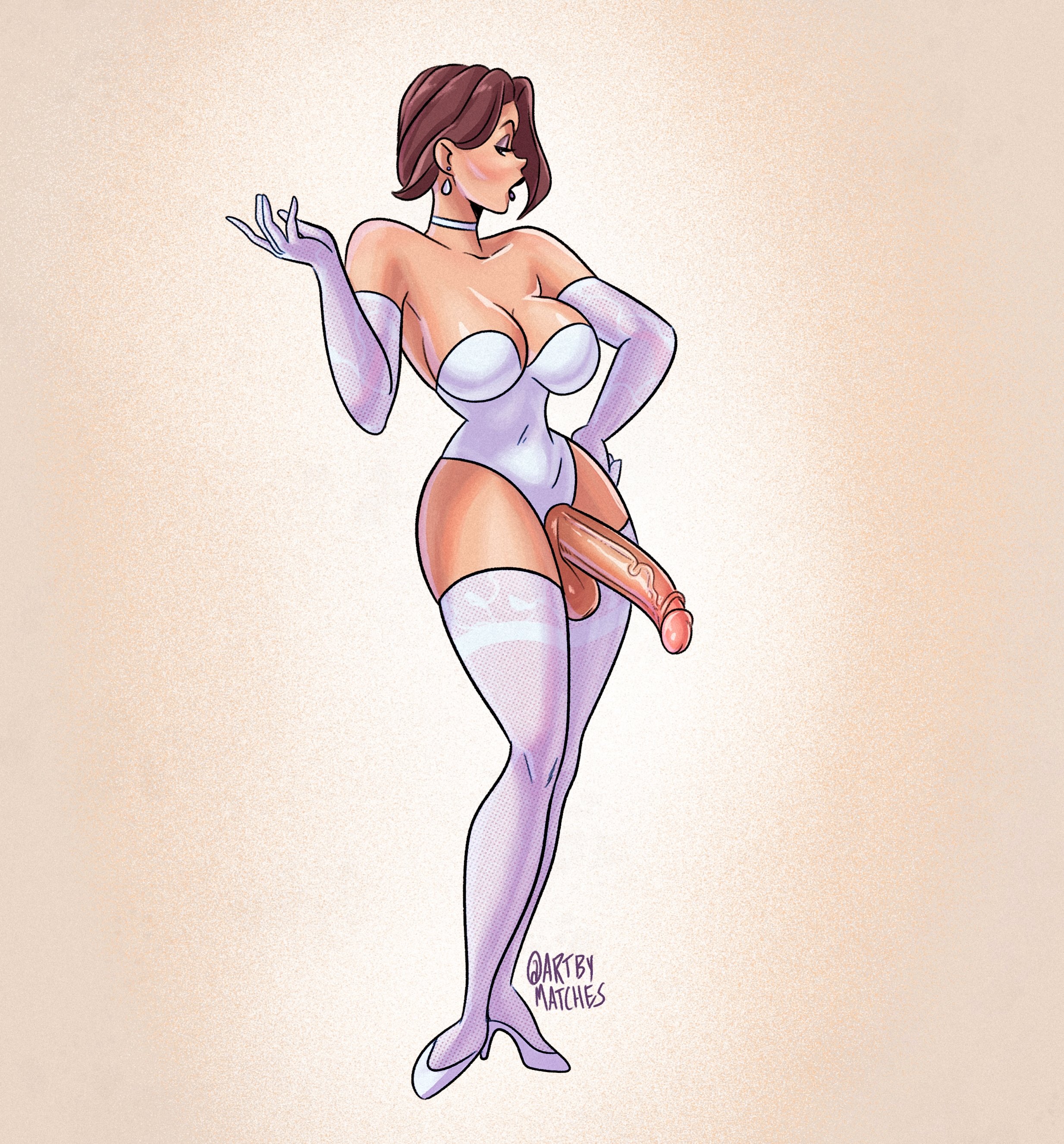 1futa, 2d, 2d (artwork), artbymatches, artist name, breasts, brown hair, choker, cleavage, digital drawing (artwork), digital media (artwork), futanari, high heels, intersex, large breasts, light skin, light-skinned futa, long gloves, original character, solo, solo futa, thighhighs, white leotard, white long gloves, white thighhighs