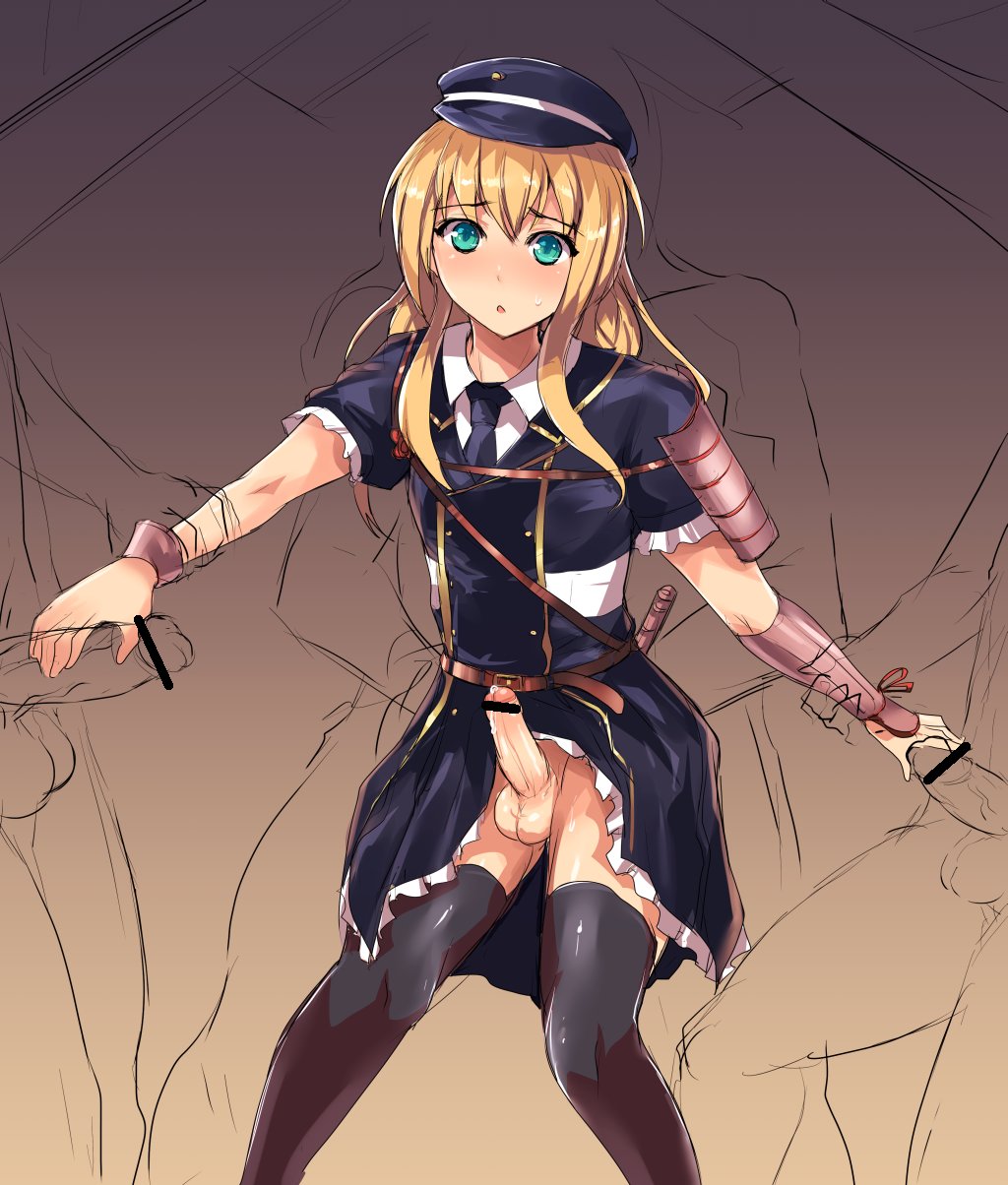 4boys, aqua eyes, balls, blonde hair, blush, cap, censored, dress, erection, femboy, girly, handjob, long hair, male, military uniform, no panties, penis, precum, standing, sweatdrop, testicles, thighhighs, tie, trap, ubanis, yaoi