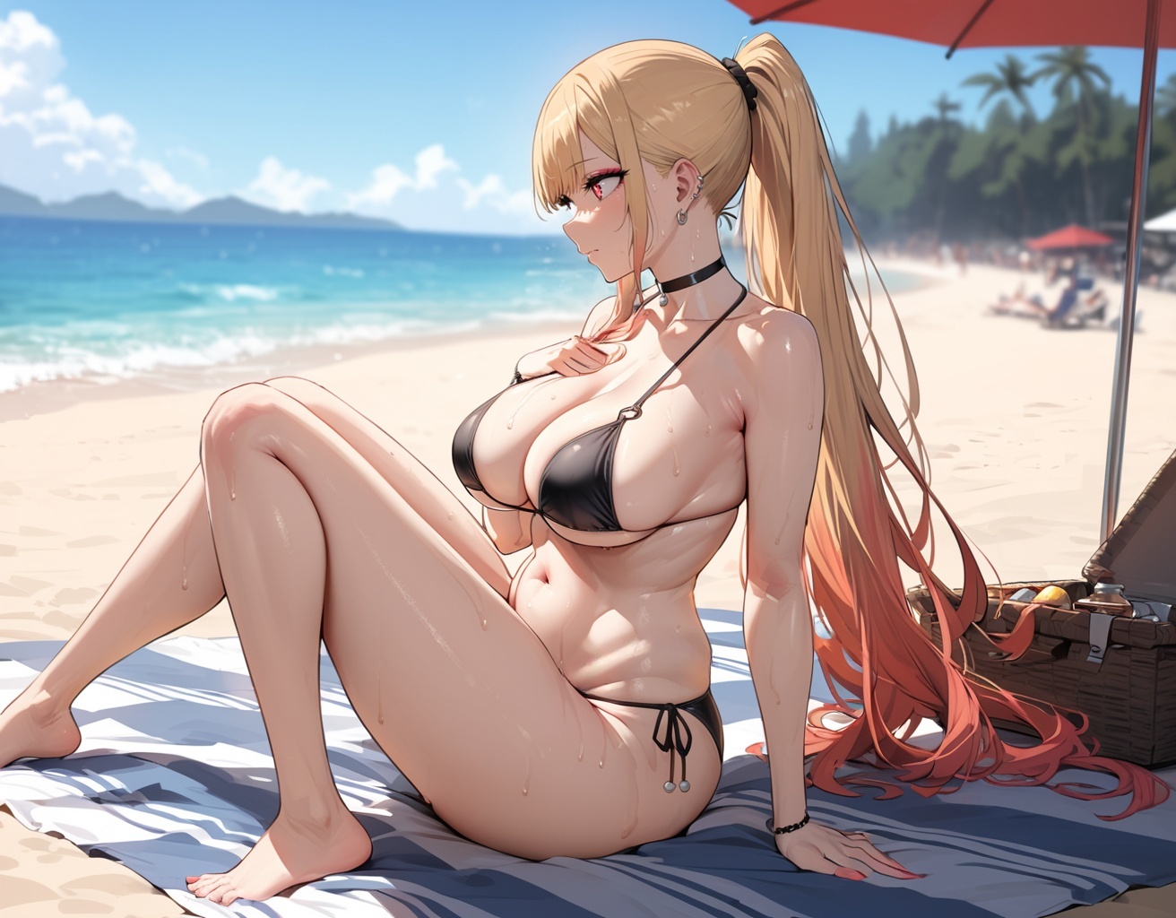 1girls, ai generated, beach, big breasts, bikini, blonde hair, breasts, day, female, female only, human, kitagawa marin, solo, sono bisque doll wa koi wo suru