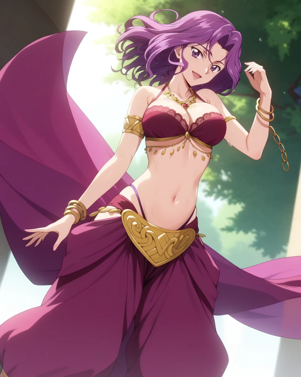 1girls ai_generated belly_button belly_dancer belly_dancer_outfit code_geass cornelia_li_britannia harem_outfit jewelry kiwi large_breasts light-skinned_female light_skin lipstick looking_at_viewer mature_female midriff navel necklace ornament panty_straps purple_hair short_hair smile solo solo_female