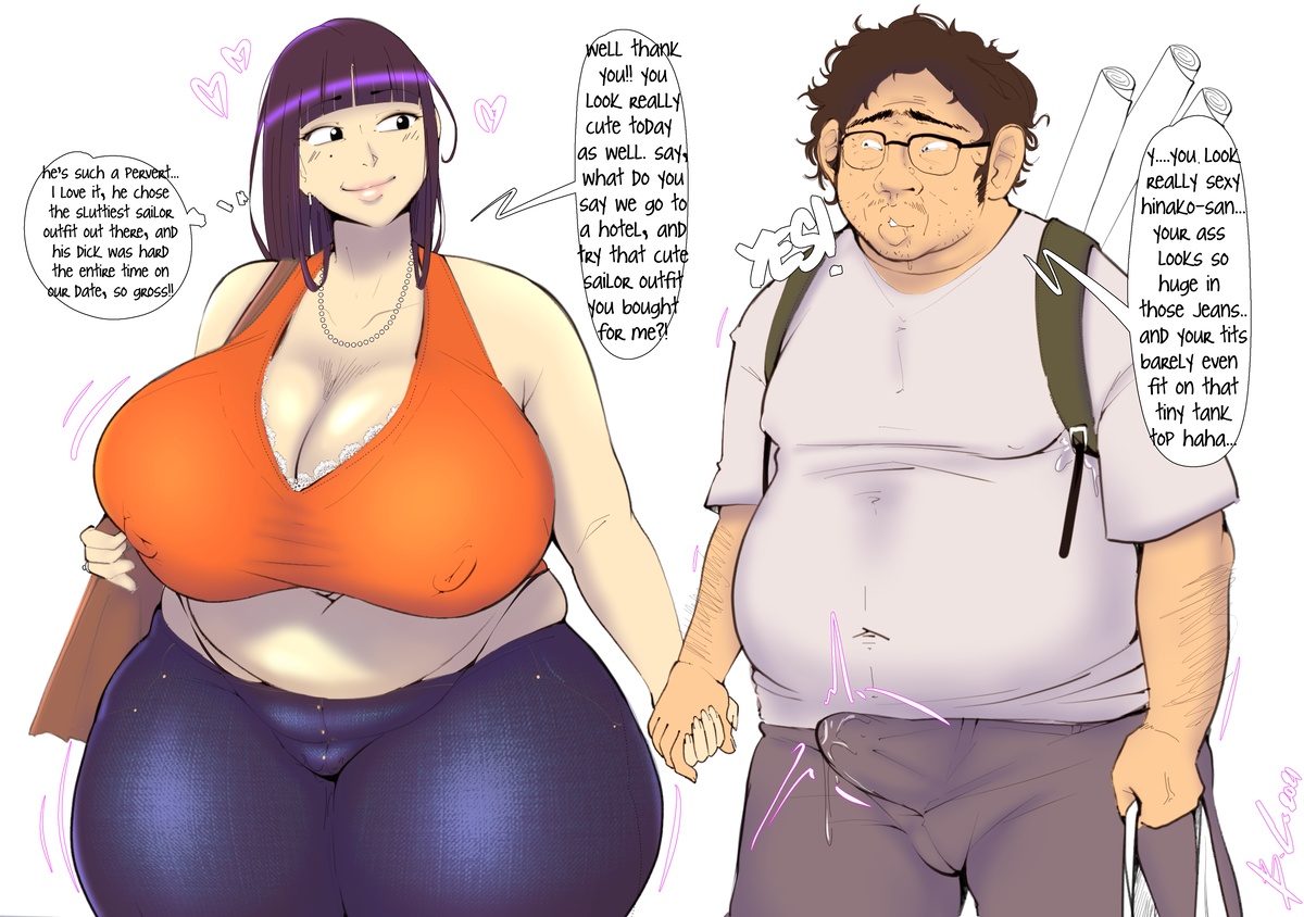 bbw, big breasts, bittercream, boner, breasts, bulge, chubby, cleavage, erection, erection under clothes, female, hinako (bittercream), male, original, original character, original characters, pervert, unnamed character