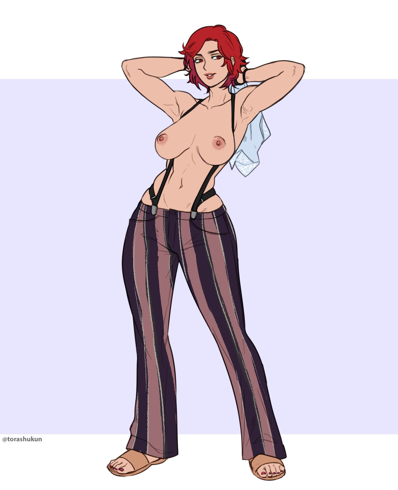 athletic athletic_female big_breasts breasts busty female female_focus female_only full_body hourglass_figure king_of_fighters makeup milf pants pinup pinup_pose red_eyes red_hair sandals short_hair snk suspenders tagme topless torashu-kun vanessa_(kof) wide_hips