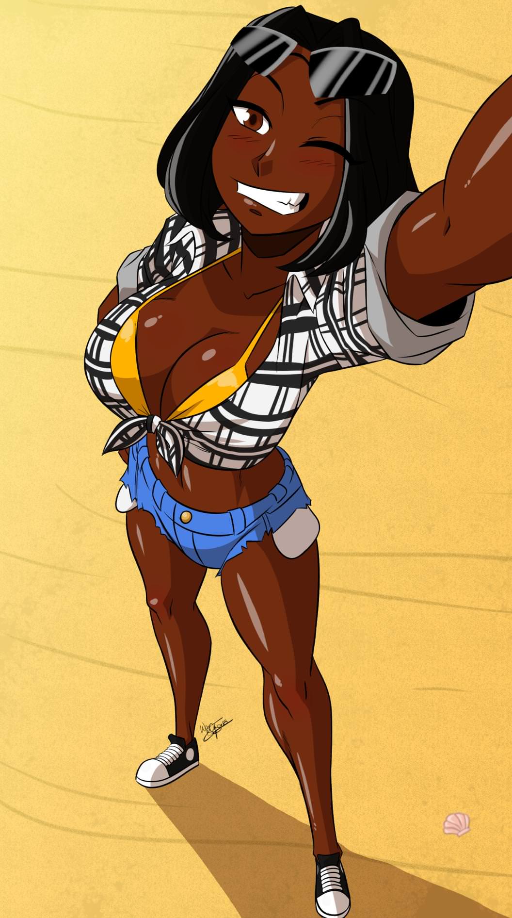 1girls 2d 2d_(artwork) aeolus06 alexandra_taye bikini_top black_hair black_hair_brown_eyes black_hair_female bra brown_hair curvy daisy_dukes dark-skinned_female dark_skin female female_only looking_at_viewer selfie short_shorts smile smiling_at_viewer standing sunglasses sunglasses_on_head wink winking winking_at_viewer