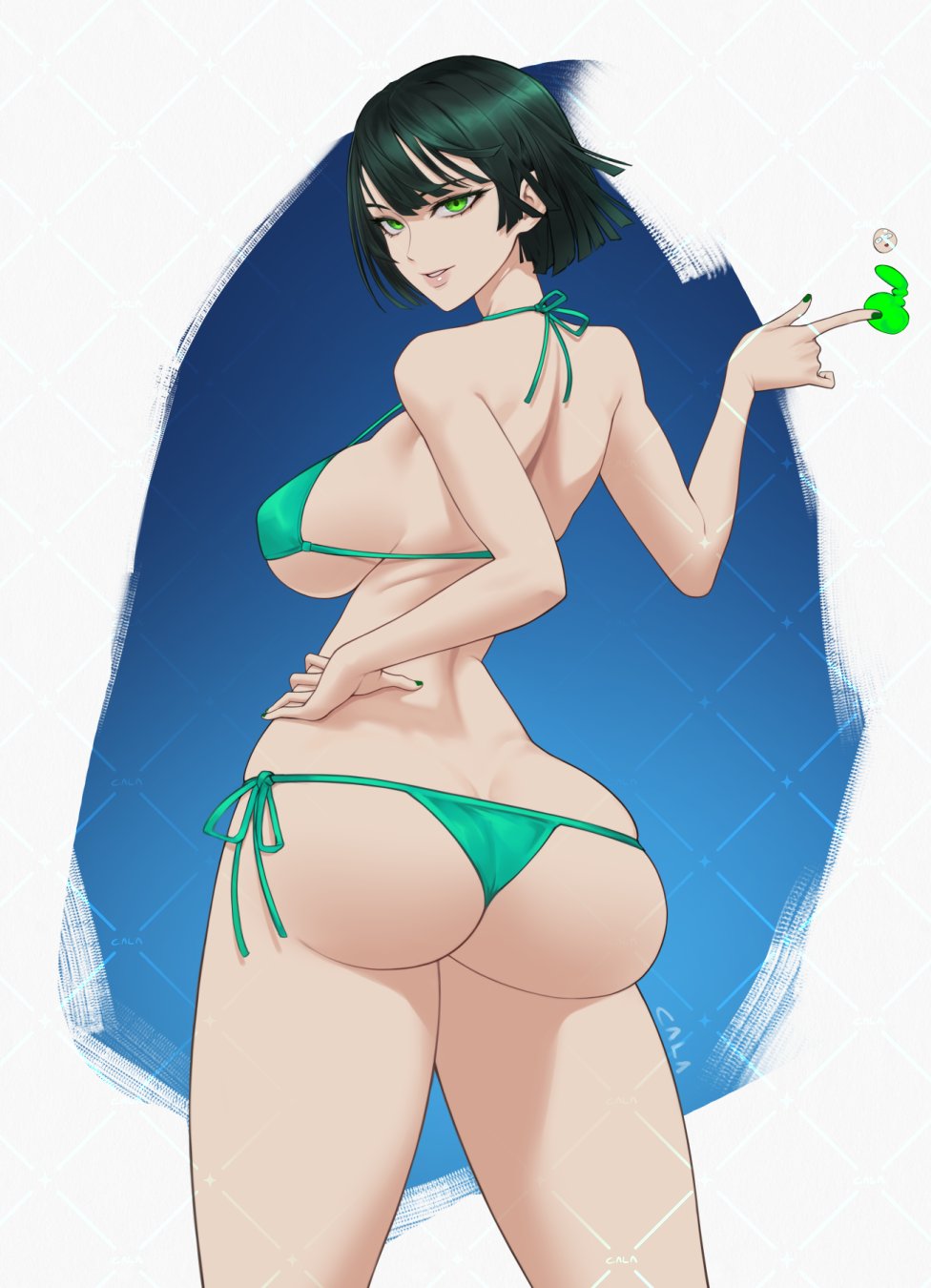 1girls back_to_viewer big_ass big_breasts bikini busty calad_g dat_ass fubuki_(one-punch_man) green_bikini green_eyes green_hair hand_on_hip light-skinned_female light_skin one-punch_man sideboob swimsuit twitter_link