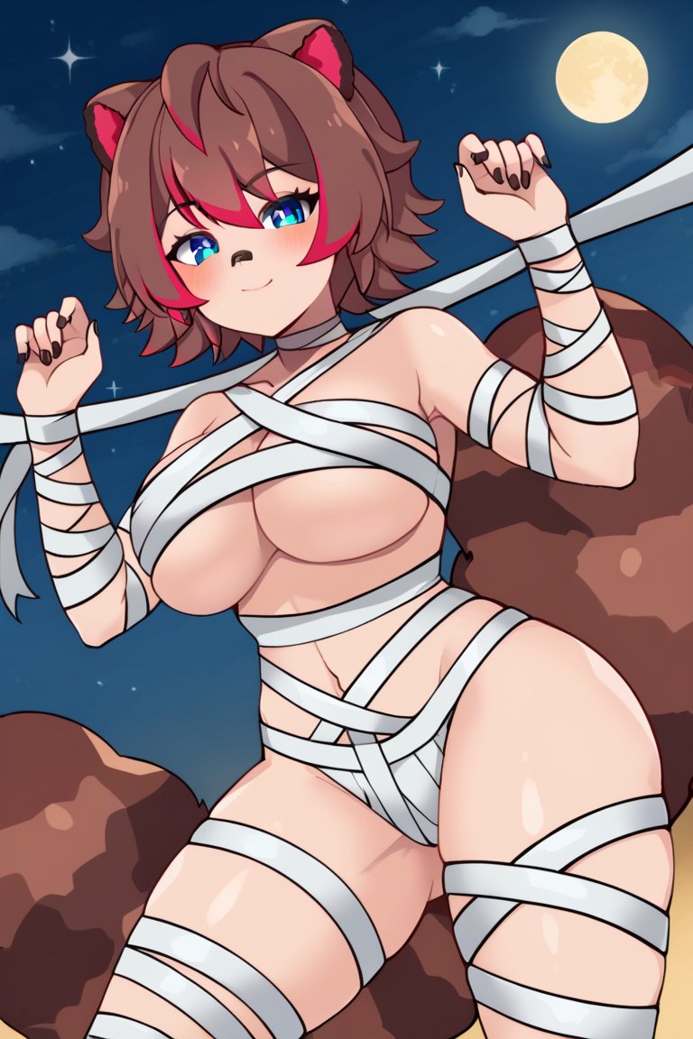 1girls ai_generated animal_ears animal_tail big_breasts blue_eyes blush breasts brown_hair halloween halloween_costume kemonomimi latam_virtual_youtuber looking_at_viewer multicolored_hair mummy mummy_costume night outdoors raccoon_ears raccoon_girl raccoon_tail rakkun red_hair short_hair solo_female tagme thighs tupadrev4 virtual_youtuber vtuber