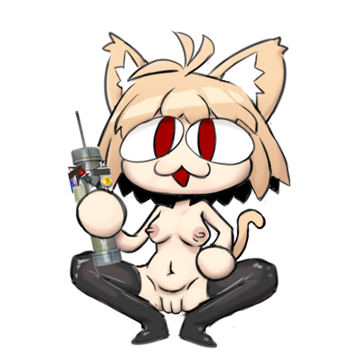 algob4v bav blonde_hair breasts clothed clothing felid female hair humanoid legwear looking_at_viewer mammal navel neco-arc nipples open_mouth partially_clothed pipe_bomb red_eyes simple_background solo tail thigh_highs tsukihime type-moon white_background