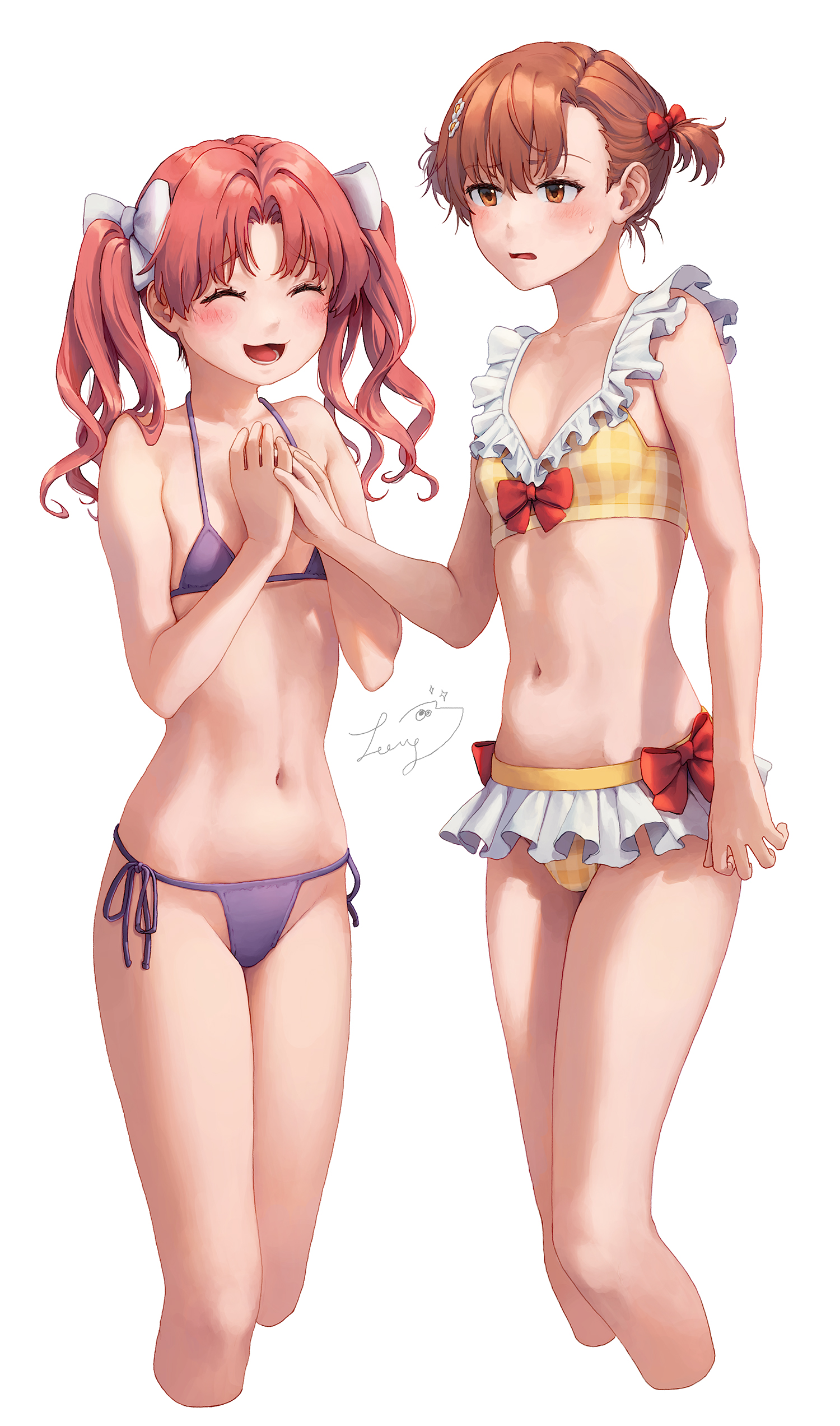 :3, 2020s, 2021, 2girls, alternate hairstyle, artist name, bikini, blush, bow, bow bikini, breasts, brown eyes, brown hair, closed eyes, collarbone, cropped legs, embarrassed, female, flat chest, flower, frilled bikini, frills, hair flower, hair ornament, hairbow, happy, hi res, holding hands, long hair, matching hair/eyes, midriff, misaka mikoto, multiple females, multiple girls, navel, nyamunyamu, open mouth, parted lips, plaid bikini, plaid clothes, purple bikini, red bow, shirai kuroko, short hair, short twintails, side-tie bikini bottom, signature, simple background, small breasts, smile, standing, swimsuit, teenage female, teenager, to aru kagaku no railgun, to aru majutsu no index, twintails, white background, white bow, yellow bikini, young, young female