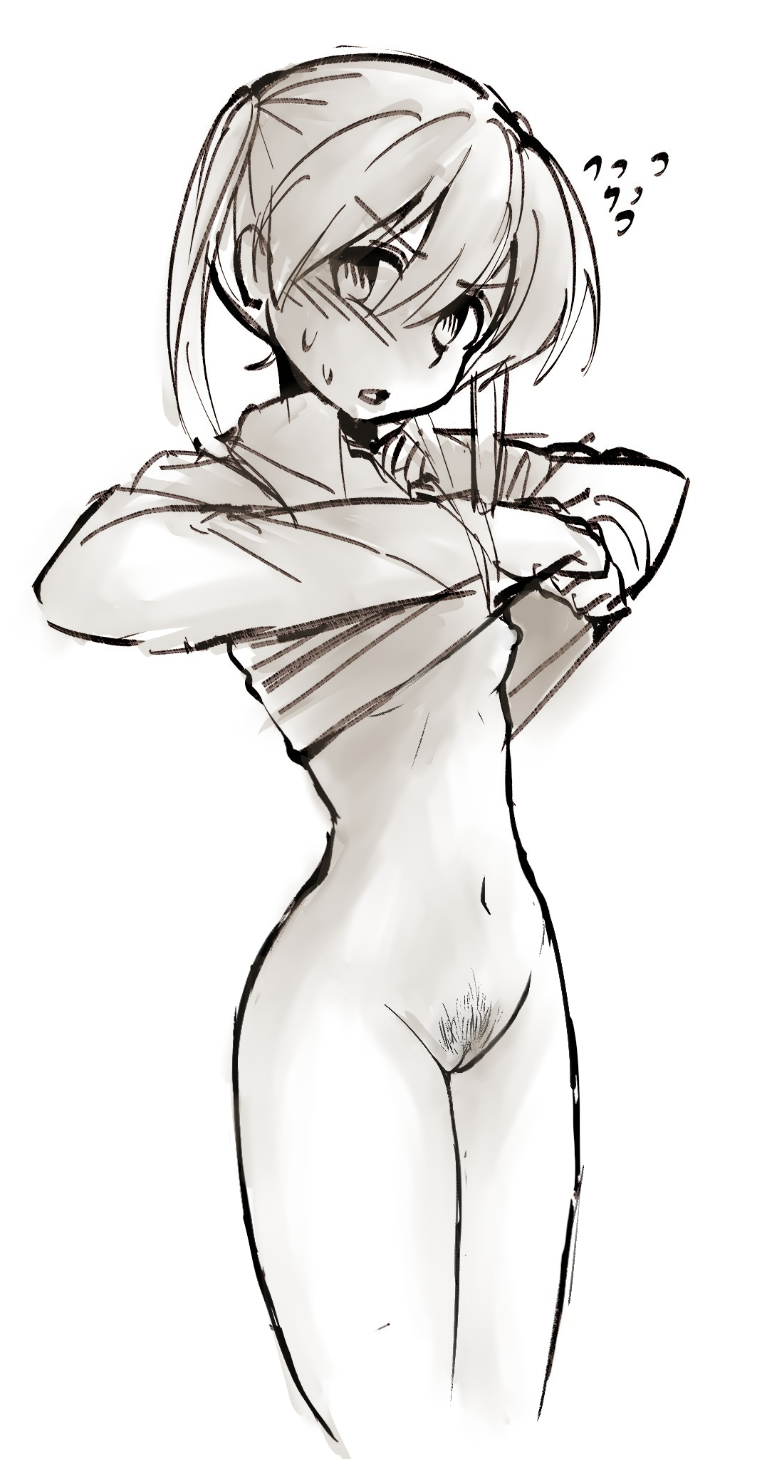 1girls, blush, blush lines, blushing, bottomless, bottomless female, breasts, edit, edited, exposed breasts, eyebrows visible through hair, female, female focus, female only, female pubic hair, lifting shirt, maka albarn, monochrome, no bra, no panties, open mouth, pubes, pubic hair, pussy, shirt lift, shirt up, simple background, small breasts, solo, solo female, solo focus, soul eater, standing, vagina, white background, young, younger female