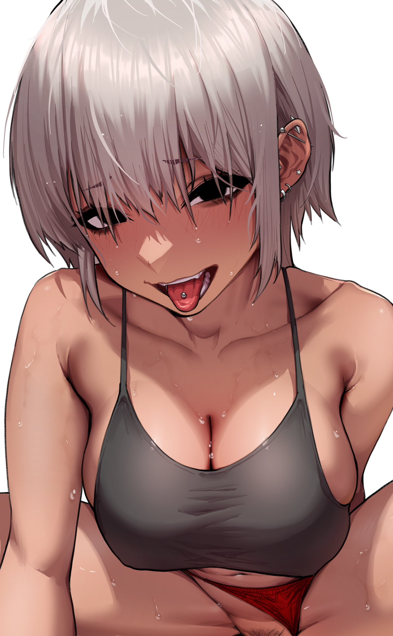 bare_shoulders black_camisole black_eyes blush breasts camisole cleavage clothed_sex clothing_aside collarbone covered_nipples cowgirl_position cowgirl_position dark_skin ear_piercing eyelashes fangs female grey_hair groin hair_between_eyes half-closed_eyes hanging_breasts highres implied_sex large_breasts looking_at_viewer navel open_mouth original out-of-frame_censoring panties panties_aside piercing pubic_hair pubic_hair_peek rakuga_kiya short_hair simple_background sitting smile solo_focus spaghetti_strap stomach straddling straight sweat teeth tongue tongue_out tongue_piercing translation_request underwear upper_body white_background