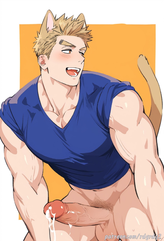 ai_generated balls bara big_balls big_penis blonde_hair blush clothing cum erection male male_only muscular_male penis rdgrdg