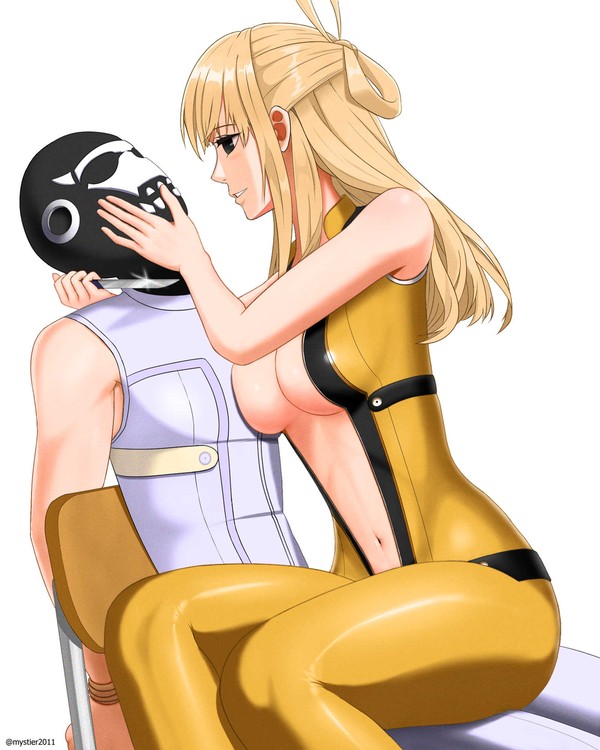 1boy 1girls big_breasts black_eyes blonde_hair bodysuit breast_press breasts curvaceous curvy curvy_female curvy_figure duster_(species) fighter_d fit_female footsoldier_d go!_go!_loser_ranger! inner_sideboob knife mystier ranger_reject sentai_daishikkaku sitting_on_lap suzukiri_yumeko thick_thighs threatening threatening_with_weapon tied_up yellow_hair