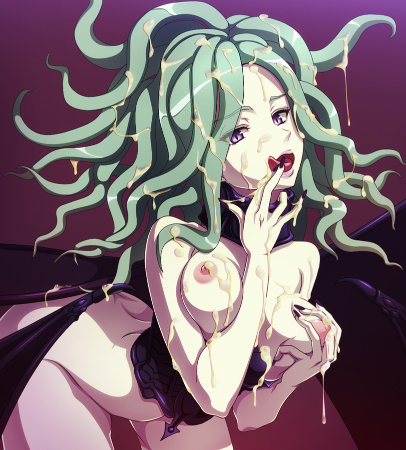 1girls bent_over berserk breasts color corset cum cum_in_hair cum_on_breasts cum_on_face cum_on_hands cum_on_upper_body cum_trail curvy demon demon_girl erect_nipple female female_only green_hair humanoid jasmine_tea large_breasts long_hair long_nails looking_at_viewer nipple nipples open_mouth purple_eyes self_fondle semen slan solo tentacle_hair thick_thighs tongue villainess white_skin wide_hips wings