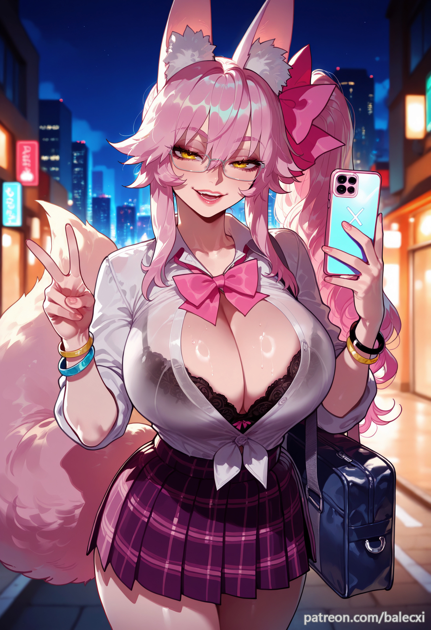 ai generated, animal ear fluff, animal ears, balecxi, black bra, bracelet, breasts, cellphone, cleavage, fate (series), fate/grand order, female, fox ears, fox girl, fox tail, glasses, hairbow, koyanskaya (assassin), koyanskaya (fate), lace-trimmed bra, large breasts, long hair, looking at viewer, open mouth, patreon username, phone, pink bow, pink hair, school uniform, side ponytail, sidelocks, skirt, smile, solo, tamamo (fate), thighs, underwear, v, white shirt, yellow eyes