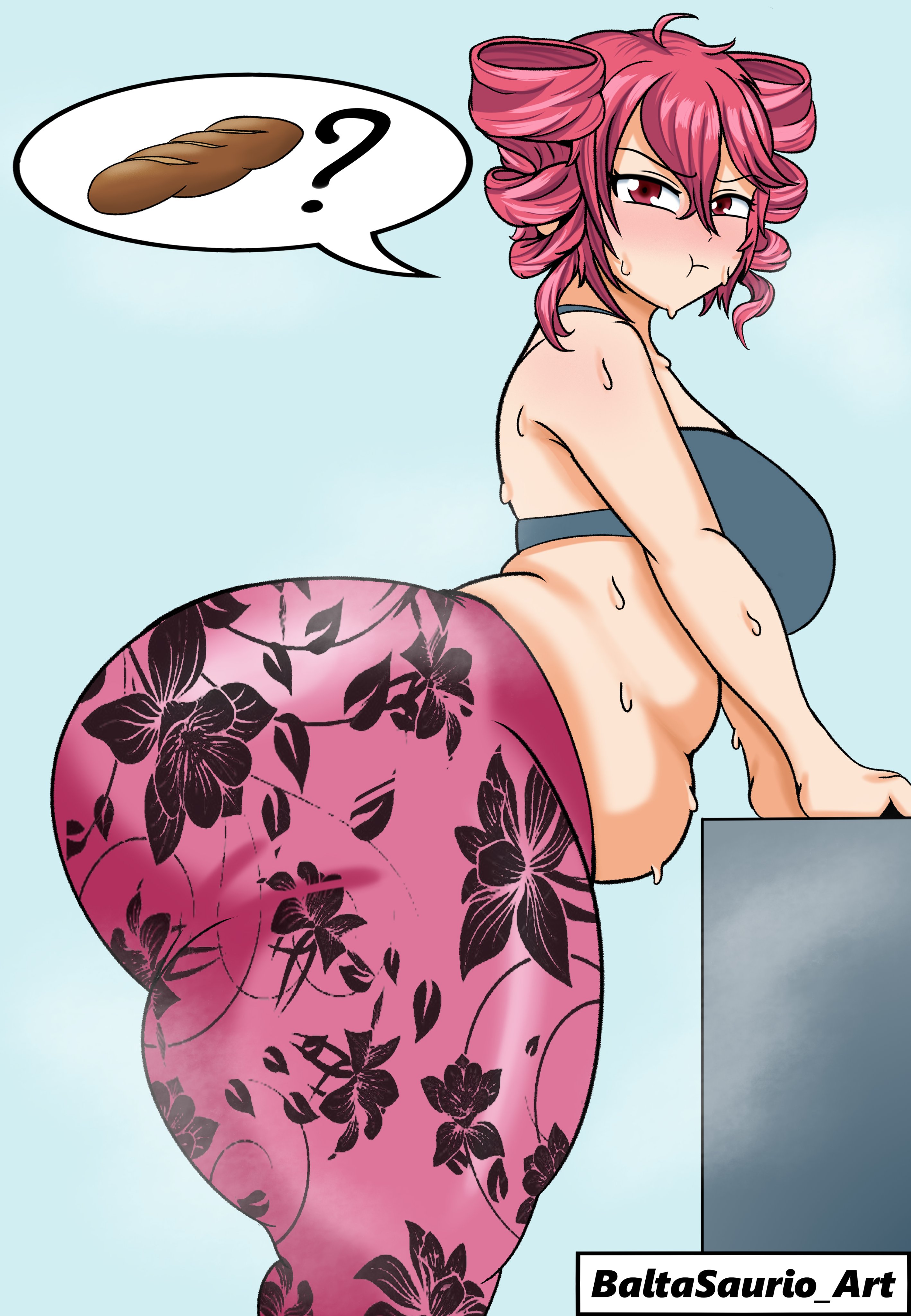 1girls, 2d, 2d (artwork), ahoge, alternate version available, annoyed, annoyed expression, arched back, artist name, ass, ass focus, baguette, baltasaurioart, bbw, belly, belly overhang, bending forward, bending over, bent over, big ass, big belly, big breasts, big thighs, blush, bottom heavy, breasts, bubble butt, chubby, chubby female, clothed, clothed female, clothing, enormous ass, fat ass, fat thighs, female, female only, food, fully clothed, gigantic ass, gym clothes, huge ass, huge breasts, huge thighs, hungry, hyper, hyper ass, hyper thighs, kasane teto, large ass, large breasts, large thighs, leaning on object, leggings, love handles, massive ass, massive thighs, overweight, overweight female, posing, pout, pouting, print leggings, print legwear, red eyes, red hair, shiny clothes, simple background, solo, solo female, speech bubble, sports bra, steam, steaming body, sticking ass out, sweat, sweating, sweating profusely, thick thighs, thighs, thighs bigger than head, thighs bigger than torso, tight clothing, tight leggings, tight pants, topwear, twin drills, utau, yoga pants
