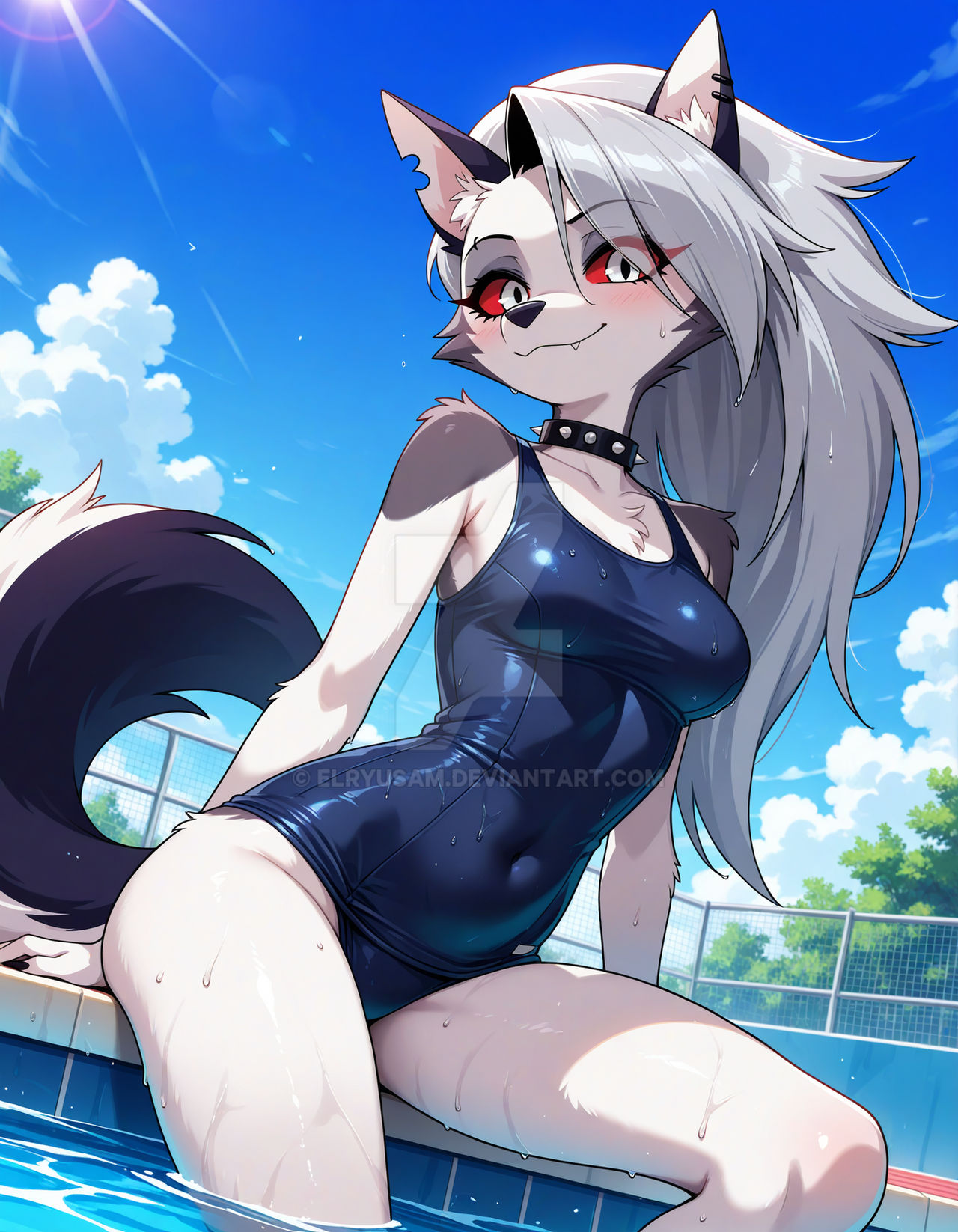 1girls, 2025, ai generated, anthro, black dot eyes, black eyebrows, blue one-piece swimsuit, blue swimsuit, blush, breasts, closed mouth, deviantart, elryusam, eyebrows visible through hair, female, furry, hellhound, helluva boss, long hair, looking at viewer, loona (helluva boss), not porn, one-piece swimsuit, pink cheeks, pool, pool background, poolside, sitting on ground, sky background, smile, smiling at viewer, spiked collar, swimsuit, vivziepop, wet body, wet skin, wet swimsuit, white-eyed female, white-haired female, wolf, wolf girl, youtube