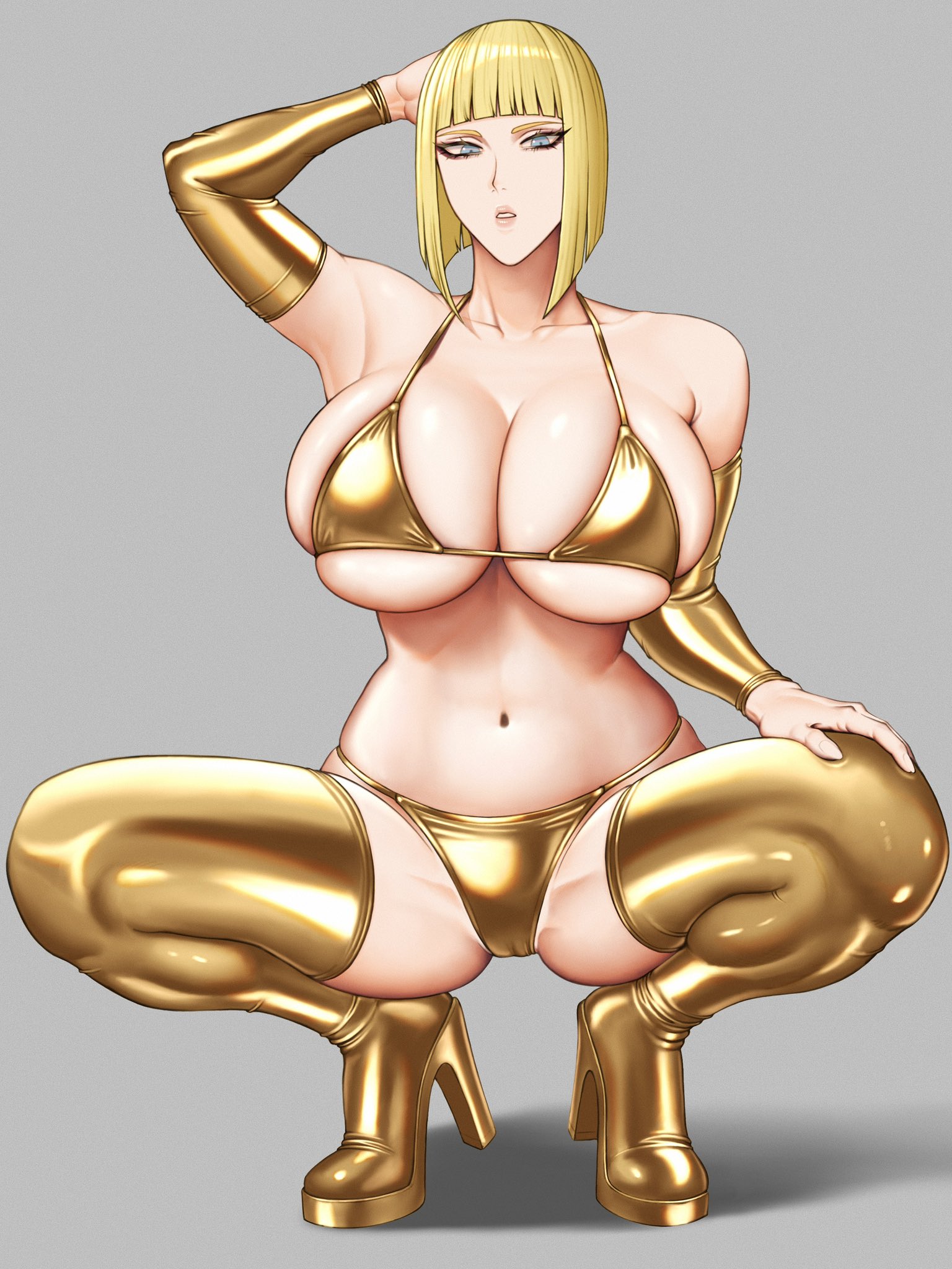 1girls, arm behind head, arm up, bare shoulders, bikini, blonde hair, blue eyes, blunt bangs, boots, breasts, cleavage, collarbone, elbow gloves, female, gloves, gold bikini, gold boots, golden bikini, grey background, high heel boots, high heels, highres, hihizaru badass, large breasts, latex, latex boots, looking at viewer, naruto, naruto (series), naruto shippuden, navel, open mouth, samui, simple background, solo, squatting, swimsuit, thigh boots, voluptuous