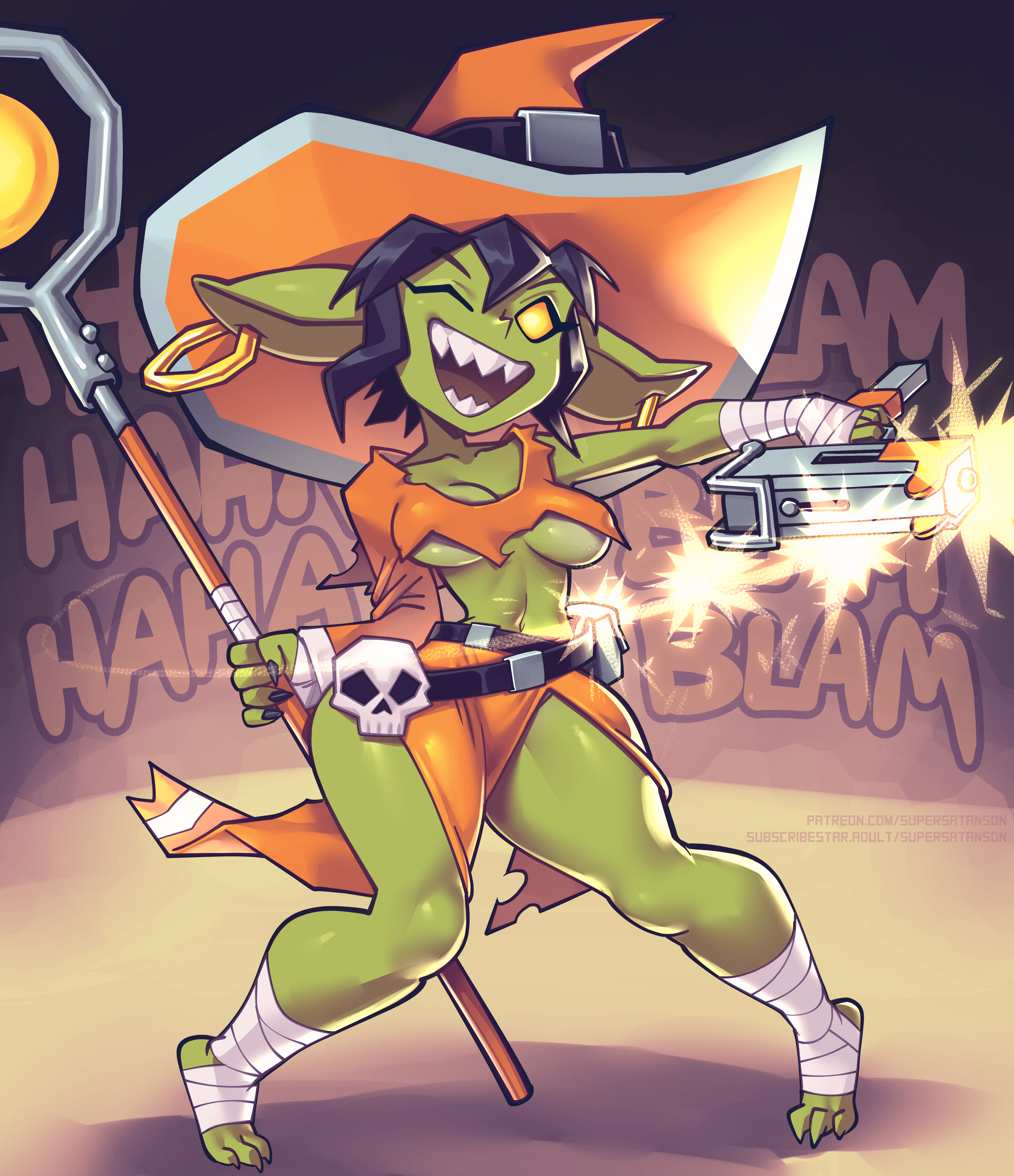 1girls, barefoot, black hair, earrings, female, goblin, goblin female, green skin, gun, huge ears, sharp teeth, short hair, staff, supersatanson, tamara, torn clothes, witch, witch hat, yellow eyes