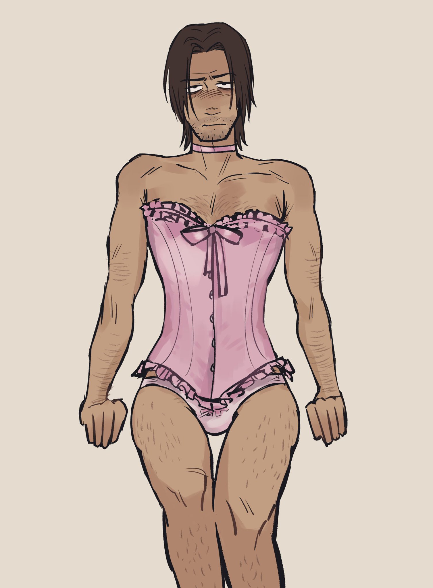 1boy, corset, curvy figure, femboy, femboy dilf, frustrated, jimmy (mouthwashing), leg hair, male, mouthwashing, mouthwashing (game), no background, no visible genitalia, solo, underwear, unshaved, zzoupz