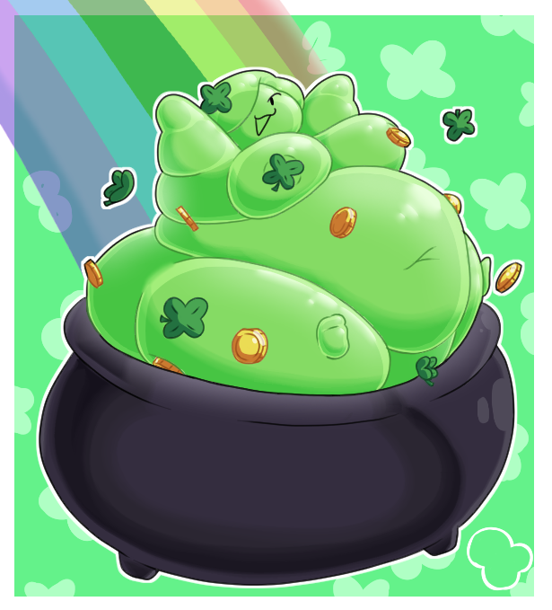 1girls ass belly big_belly breasts cauldron coin coins fat female female_focus female_only four_leaf_clover green_body green_hair hair_covering_eye hair_over_one_eye hips large_ass large_breasts mam_(wamnugget) nude nude_female overweight overweight_female rainbow saint_patricks_day slime slime_girl st._patrick's_day stomach thick_thighs thighs wamnugget wide_hips