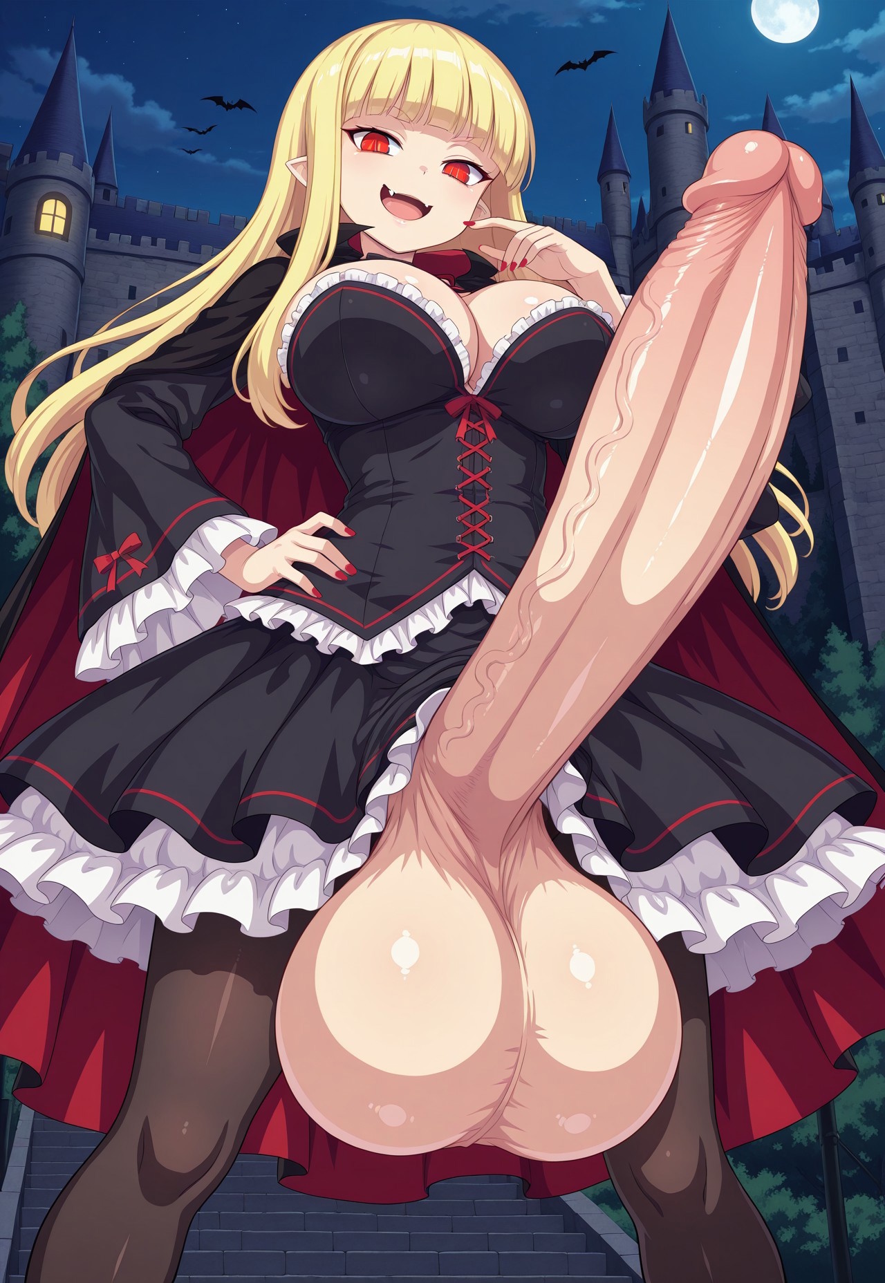 1futa, 1girls, ai generated, balls, bangs, big, big breasts, big penis, black dress, black thighhighs, blonde female, blonde hair, blunt bangs, breasts, cape, castle, cleavage, coat, corset, dominant, doris, dress, evil smile, fangs, female, frilled dress, frilled skirt, frilled sleeves, frills, from below, full moon, futa only, futanari, gigantic penis, huge balls, huge breasts, huge cock, hyper penis, intersex, large penis, looking at viewer, moon, moonlight, nail polish, naughty face, night, night sky, oerba yun fang, open mouth, penis, pointy ears, red eyes, red nails, sidelocks, skirt, skirt lift, smile, smiling, solo, standing, the depraved vampire slut, thick thighs, thighhighs, unkftlvr, veiny penis